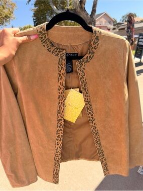 Dialogue Taupe Suede Jacket with Leopard-Trim
